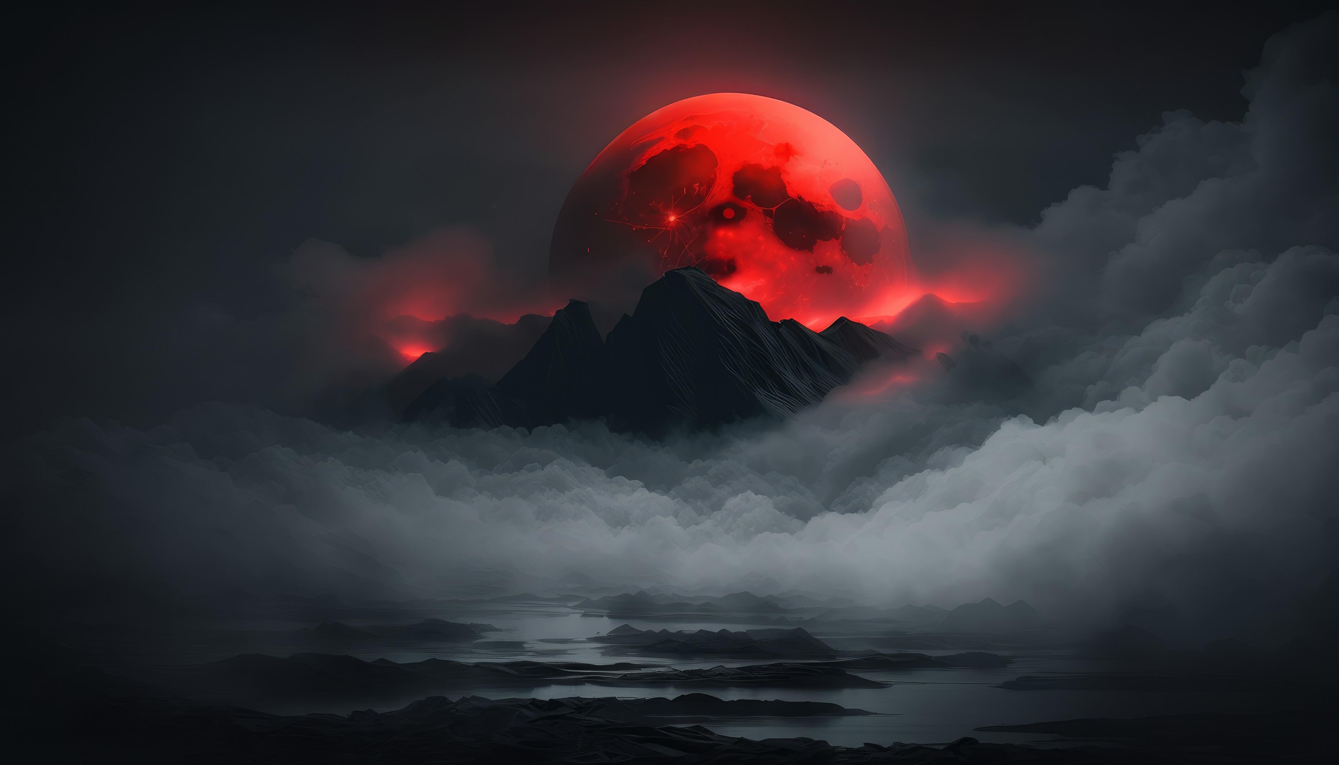 血月悬空山峦间 奇幻场景 暗黑风格 红色月亮 4K