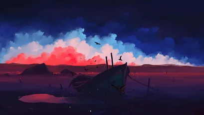 暮色荒原 荒漠 夕阳 废弃船只 4K