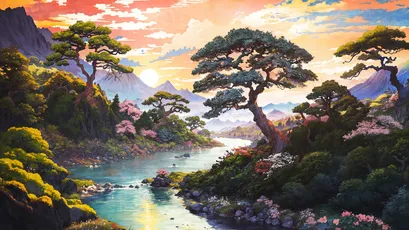 山水晨曦 山水画 自然风光 日出 4K