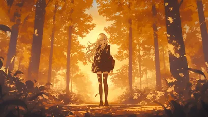 秋日森林中的少女 秋天 森林 少女 4K