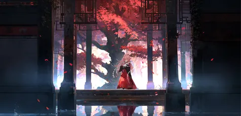 红衣女子庭院 古风 庭院 红叶 2K