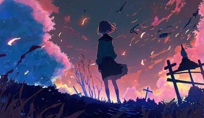 暮色中的少女 动漫风格 黄昏场景 紫色调 4K