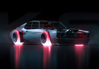赛博朋克赛车 科幻场景 霓虹灯光 未来汽车 8K