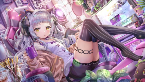 粉紫梦幻电竞少女 动漫角色 电竞场景 粉紫色调 8K
