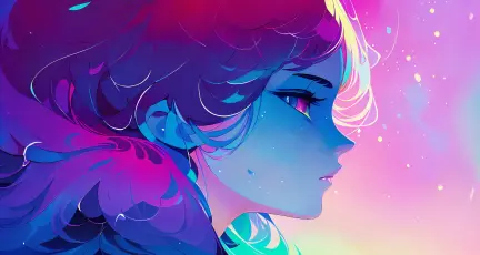 梦幻少女侧颜 动漫风格 赛博朋克 紫蓝渐变 4K