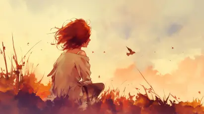 夕阳下红发少女 动漫插画 红发少女 黄昏 4K