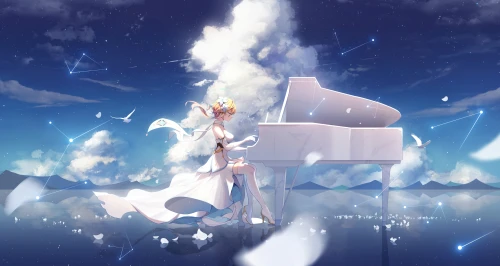 星空下的钢琴少女 动漫 钢琴 星空 4K