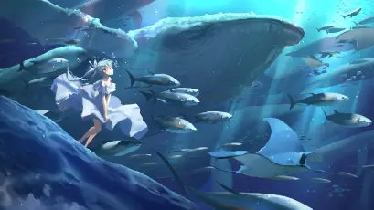 深海少女与鲸群 水下场景 动画风格 蓝色调 4K