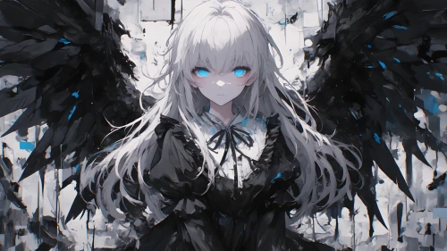 银发黑翼天使少女 动漫风格 角色插画 银发 4K
