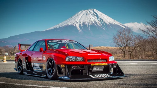 红色改装跑车与富士山 改装跑车 富士山 蓝天 2K