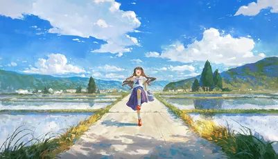 田园奔跑少女 田园风光 动漫风格 蓝天白云 4K