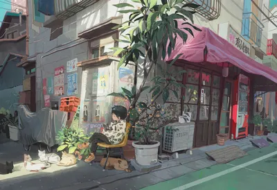 街角的悠闲时光 城市街景 动漫风格 温暖色调 2K