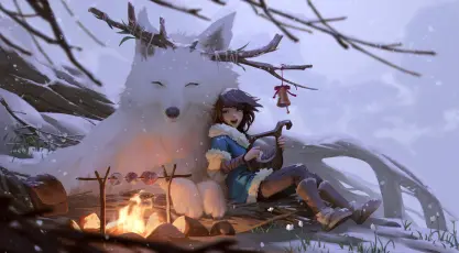 雪夜篝火旁的守护 雪景 篝火 白狐 1080P