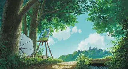 森林中的画架 自然风景 动漫风格 绿色调 4K
