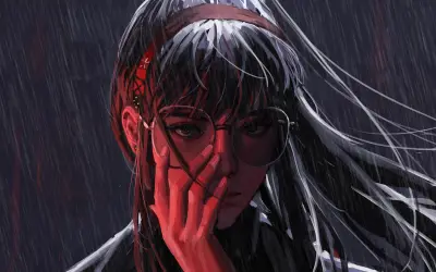 雨中少女 雨天 动漫风格 红色头发 1080P