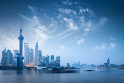 上海夜景天际线 城市景观 现代建筑 蓝色调 4K