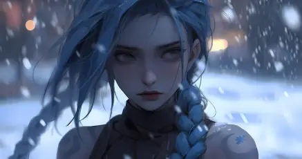 雪中的蓝发少女 动漫风格 雪景 蓝色调 4K