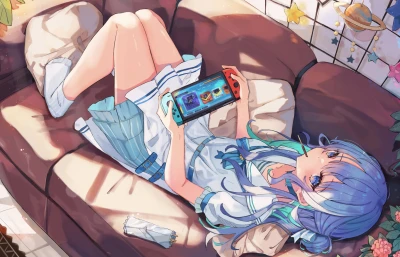 蓝发少女玩掌上游戏机 动漫 少女 游戏 1080P
