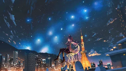 星空下的城市 动漫风格 夜晚场景 蓝色调 4K