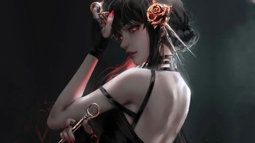 持剪的玫瑰少女 哥特风格 暗黑系 数字绘画 4K