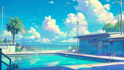 泳池夏日风景 泳池 夏日 动漫风格 4K