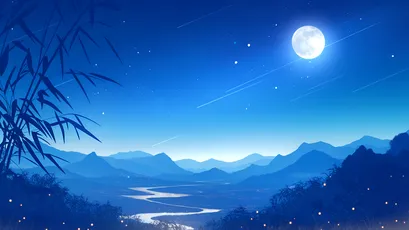 月夜山河 夜晚 山水画 蓝色调 4K