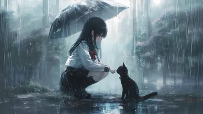 雨中少女与猫 雨景 动漫风格 蓝灰色调 4K