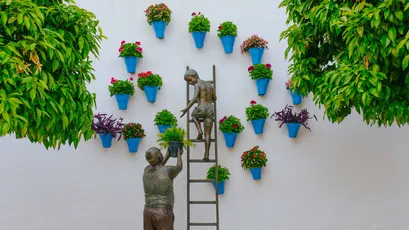 墙上的花盆与雕像 墙面装饰 复古风格 蓝色花盆 4K