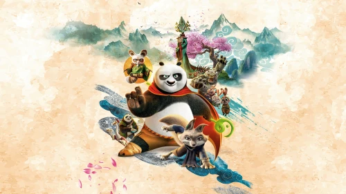 功夫熊猫群像图 动画电影 中国风 水墨背景 4K