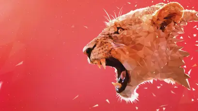 几何风格狮子头像 抽象艺术 红色背景 低多边形 4K