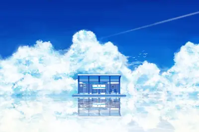 云端车站幻境 梦幻场景 动漫风格 蓝色调 2K