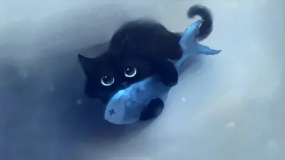 黑猫抱鱼水中游 水下场景 卡通风格 蓝色调 1080P