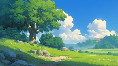 田园风光 自然景观 动漫风格 绿色草地 4K