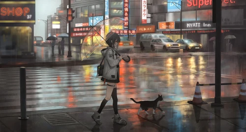雨夜街角的少女与猫 雨夜 城市街景 动漫风格 1080P