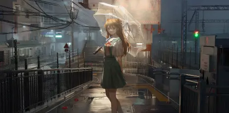 雨夜车站的少女 雨景 车站 动漫风格 4K