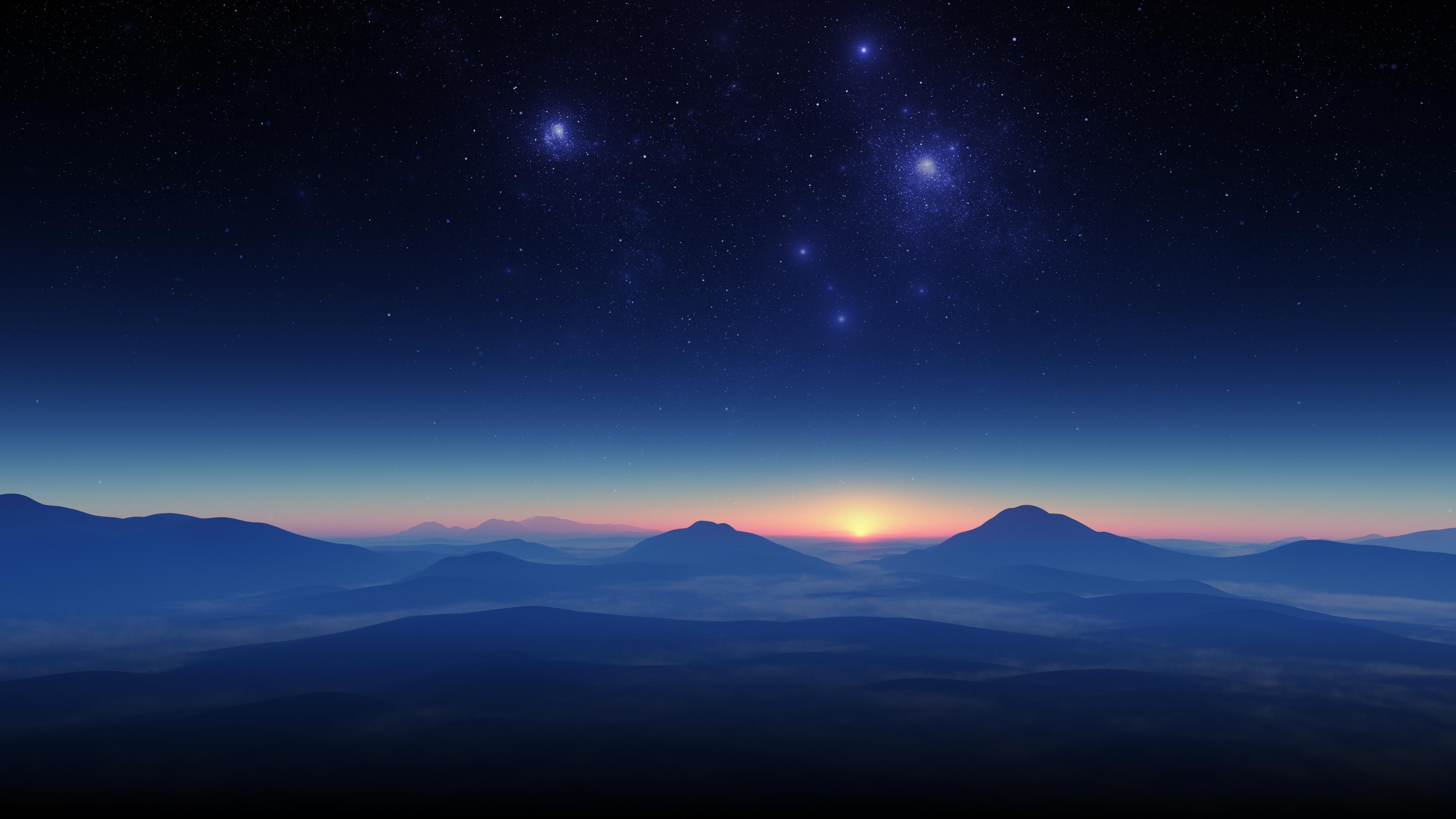 星夜山峦晨曦 星空 山脉 晨曦 4K