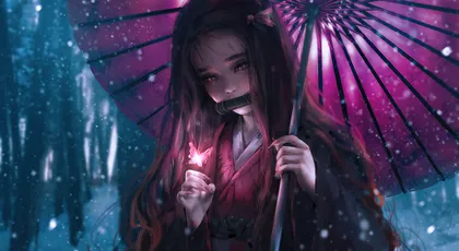 雪夜持伞少女 动漫 雪景 紫色 4K