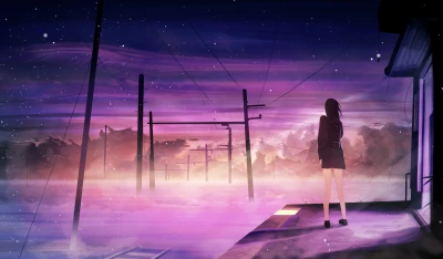 紫霞夜色中的少女 夜景 幻想风格 紫色调 4K