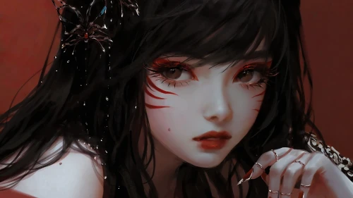 神秘黑发女子 神秘 黑色头发 红色背景 4K