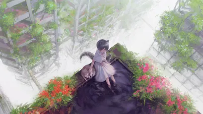 梦幻花园中的少女与猫 花园 幻想 粉色 1080P