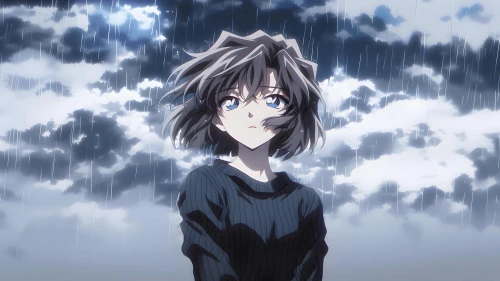 雨中孤影的少女 雨天 动漫风格 蓝色调 4K