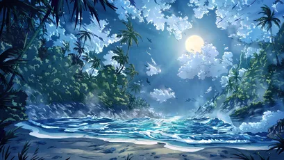 月夜海滩 热带海滩 夜晚 月亮 8K