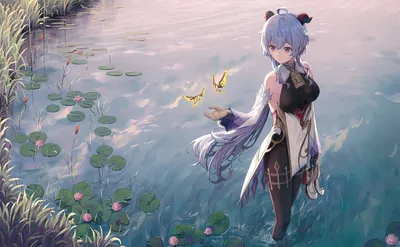 湖畔少女与蝴蝶 动漫风格 自然风光 蓝色调 4K