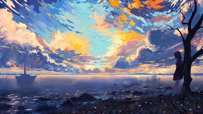 黄昏海岸 黄昏 海岸 动漫风格 4K