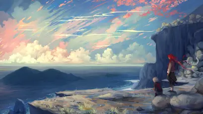 悬崖边的奇幻黄昏 风景 动漫风格 黄昏 4K