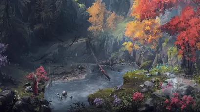 秋日森林中的静谧 秋天 森林 溪流 2K