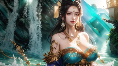 瀑布边的华服仙子 古风 仙子 瀑布 4K