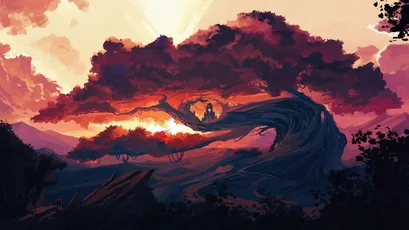 暮色巨树 奇幻风景 插画风格 橙红色调 4K