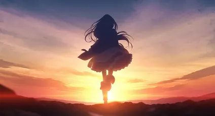 黄昏剪影少女 动漫 剪影 日落 4K