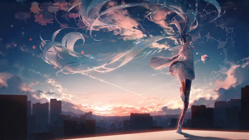 梦幻舞者 动漫风格 城市黄昏 飘逸长发 1080P